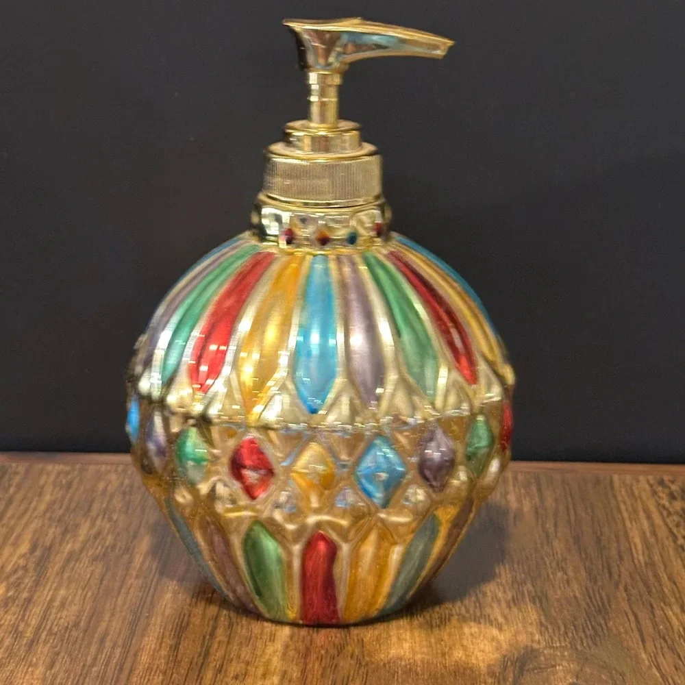 Vintage Allure 1998 Multi Color Glass Soap Dispenser Gold Pump Bohemian Decor